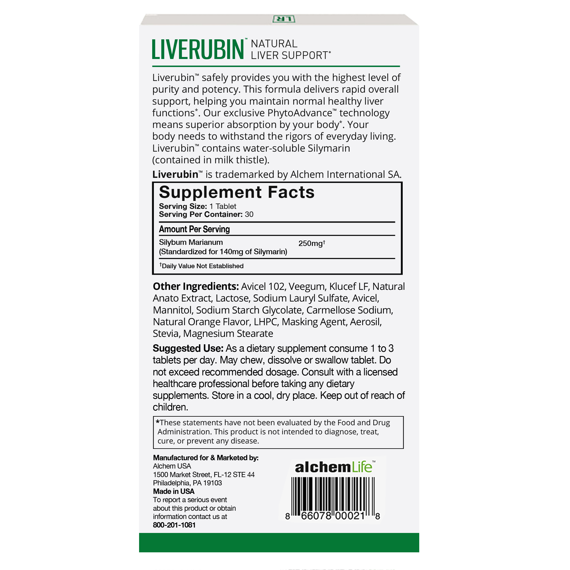back of liverubin liver support supplement package