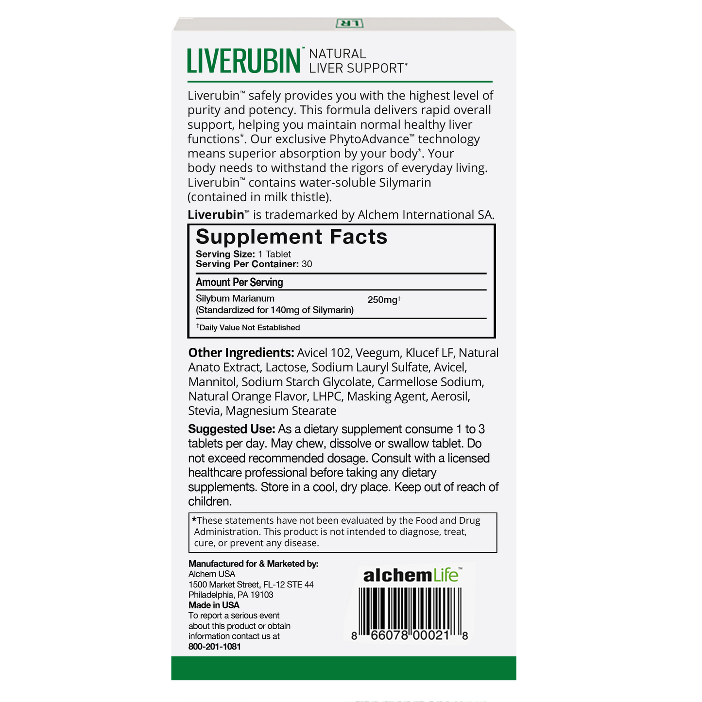 back of liverubin liver support supplement package