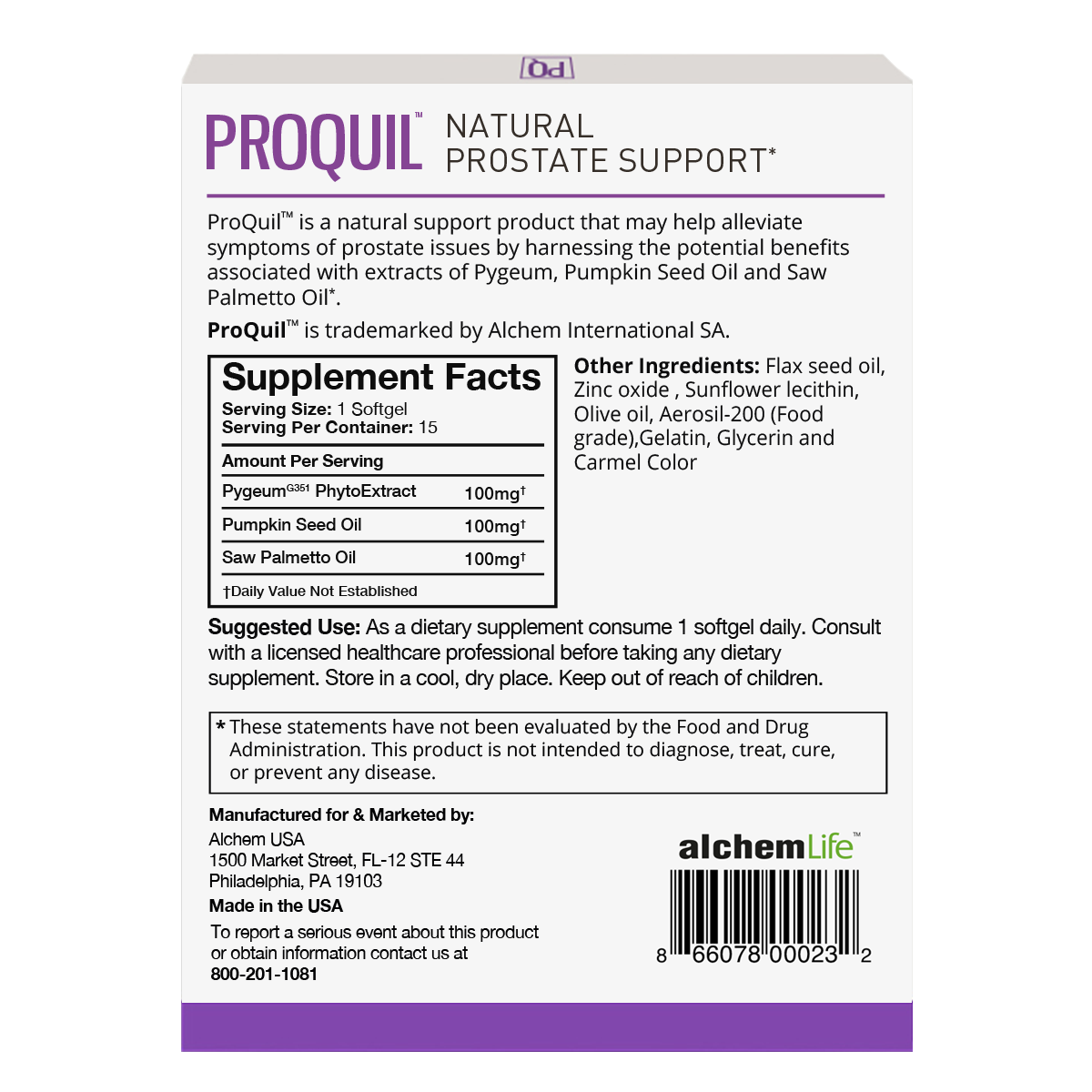 back of proquil prostate support supplement package